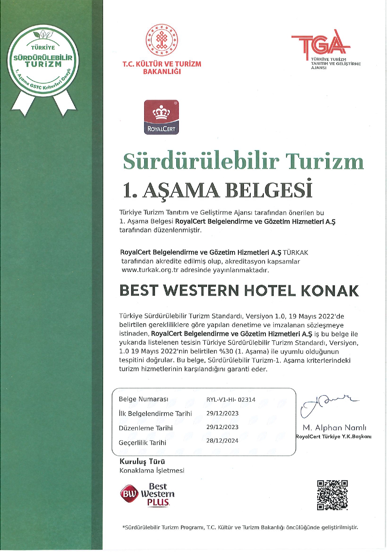 hotel best western konak izmir surdurulebilirlik politikası belgesi